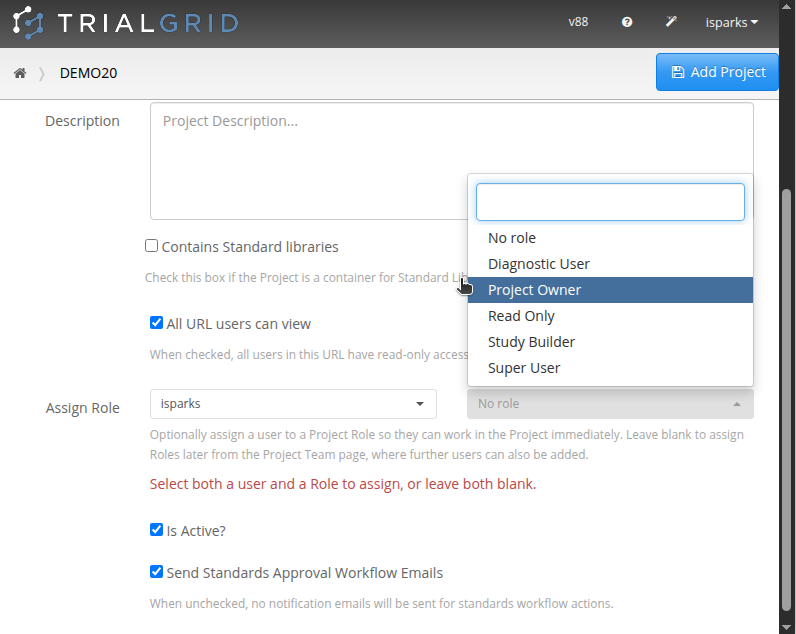 New Project User/Role Selection
